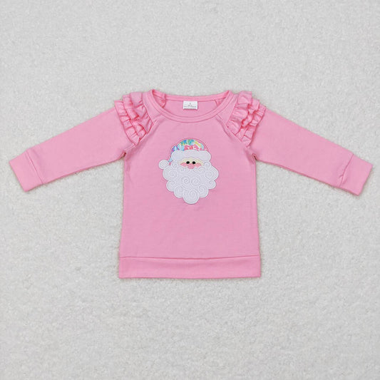 Baby Girls Christmas Pink Santa Long Sleeve Ruffle Tee Shirts Tops