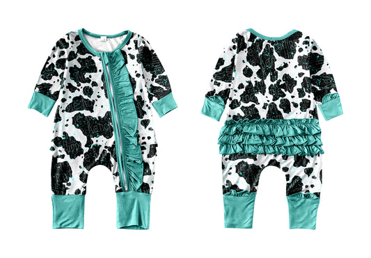 Baby Infant Girls Ruffle Cow Print Long Sleeve Rompers preorder(moq 5)