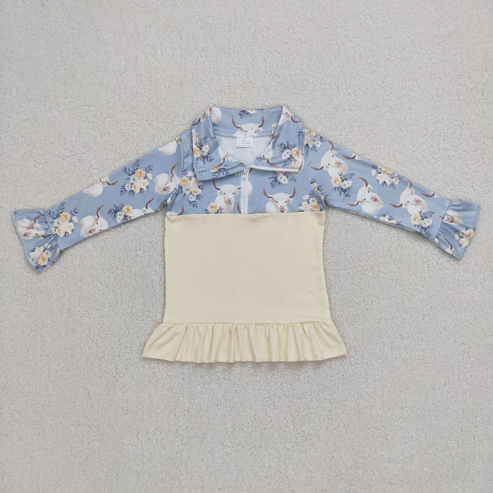 Baby Girls Cow Flowers Long Sleeve Pullover Ruffle Tee Shirt Tops