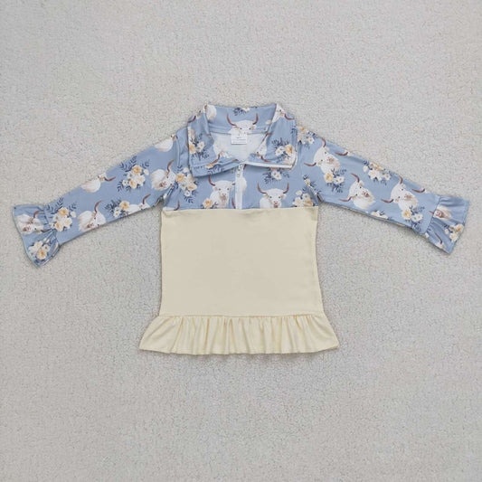 Baby Girls Cow Flowers Long Sleeve Pullover Ruffle Tee Shirt Tops