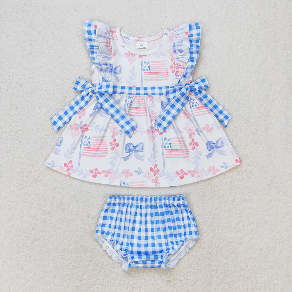 Baby Girls Blue Bows Flags Tunic Top Bummies Clothes Sets