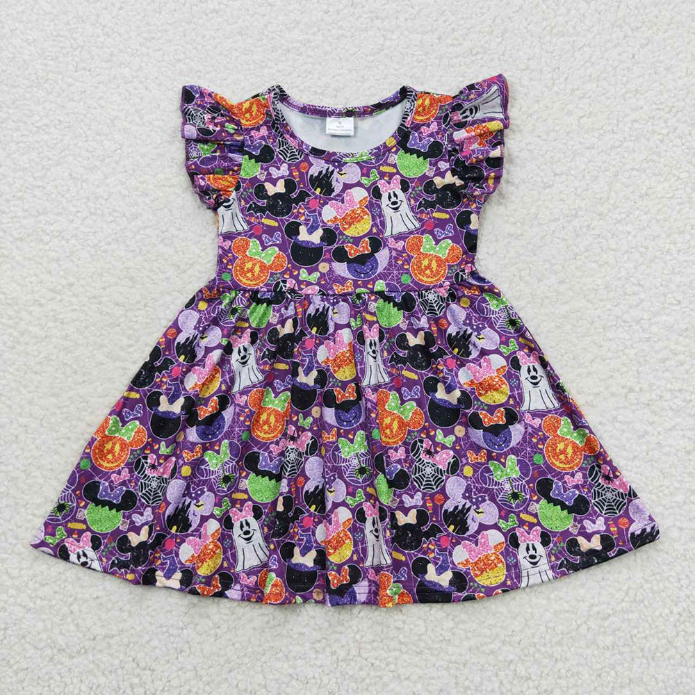 Baby Girls Halloween Purple Cartoon Ghost Flutter Sleeve Dresses