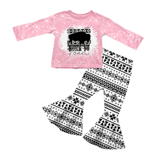 Baby Girls Western Pink Cow Shirt Top Aztec Bell Pants Clothes Sets preorder(moq 5)