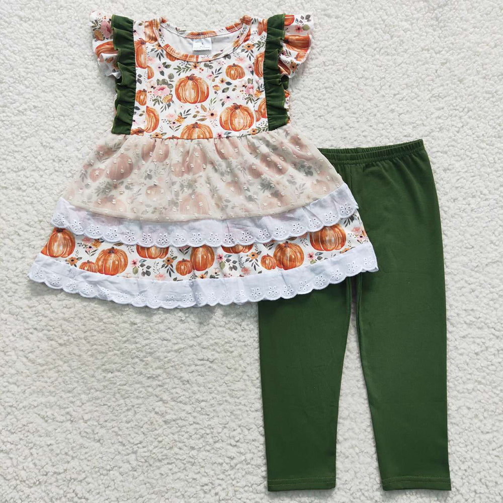 Baby Girls Pumpkin Green Tunic Lace Top Legging Pants Clothes Sets