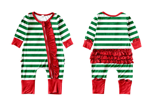 Baby Infant Girls Ruffle Green Stripe Long Sleeve Rompers preorder(moq 5