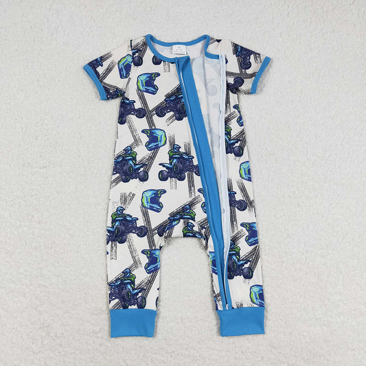 Baby Infant Boys Blue Motobike Short Sleeve Zip Rompers