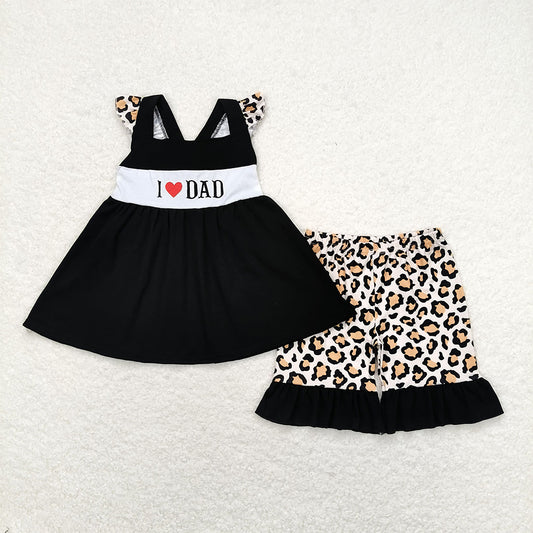 Baby Girls Black I Love Dad Tunic Top Leopard Ruffle Shorts Clothes Sets