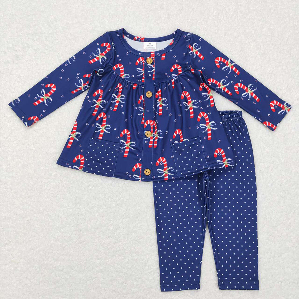 Baby Girls Long Sleeve Navy Candy Cane Pocket Tunic Dots Legging Pants Clothing Sets