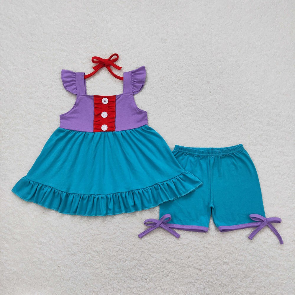 Baby Girls Purple Princess Flutter Sleeve Tunic Top Shorts Clothes Sets