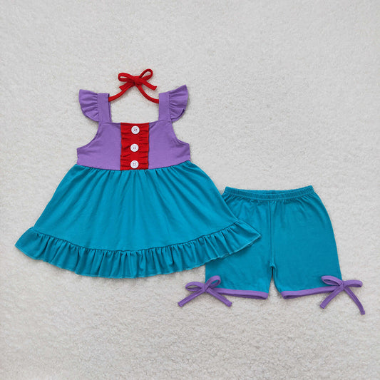 Baby Girls Purple Princess Flutter Sleeve Tunic Top Shorts Clothes Sets