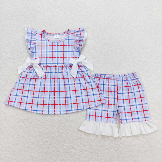 Baby Girls Blue Checkered Bows Tunic Ruffle Shorts Clothes Sets
