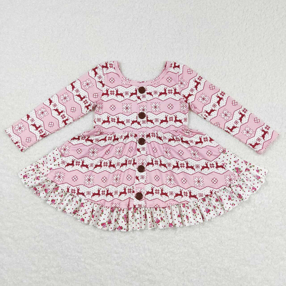 Baby Girls Christmas Pink Deer Ruffle Knee Length Dresses