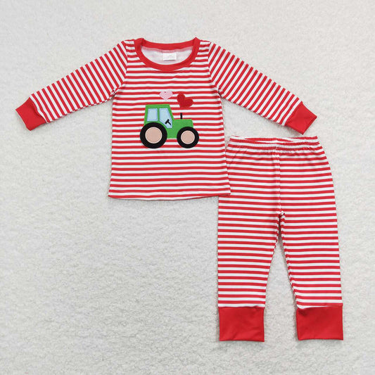 Baby Boys Valentines Red Stripes Tractor Hearts Top Pants Pajamas Clothes Sets