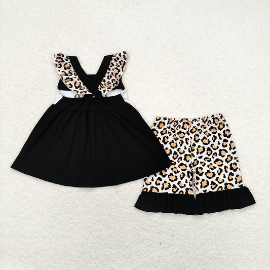 Baby Girls Black I Love Dad Tunic Top Leopard Ruffle Shorts Clothes Sets