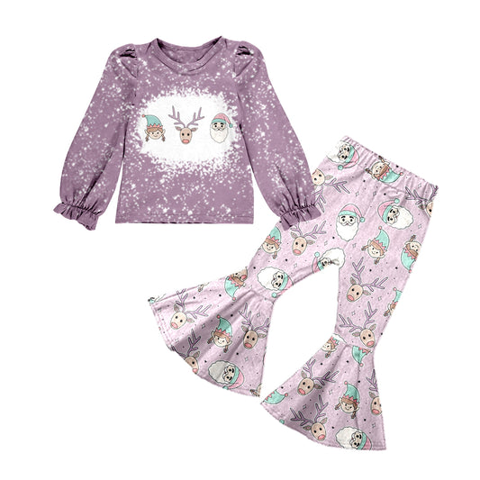 Baby Girls Purple Christmas Deer Santa Top Pants Bell Pants Clothing Sets preorder(moq 5)