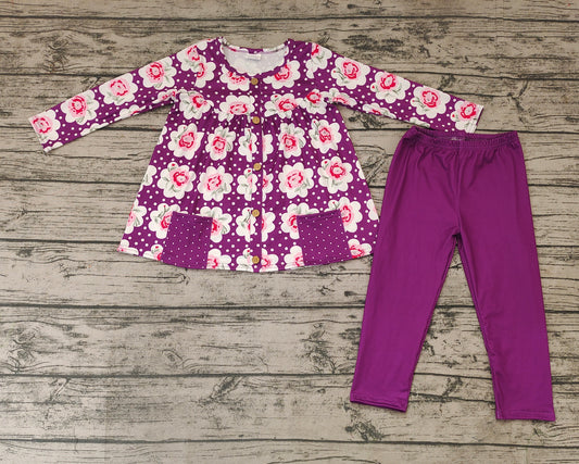 Baby Girls Purple Flowers Pockets Tunic Legging Boutique Clothes Sets