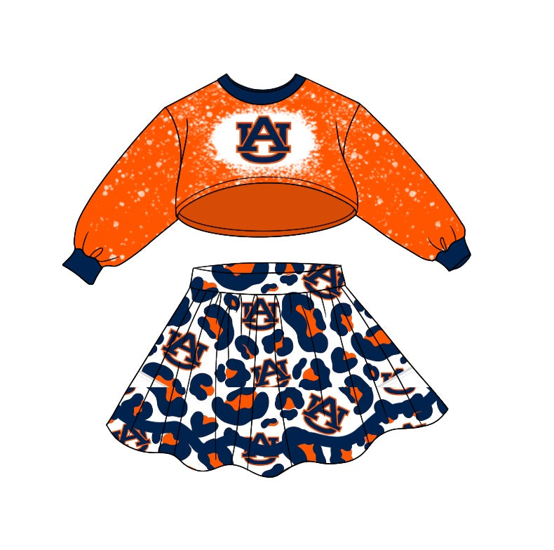 Baby Girls Orange A Long Sleeve Top Leopard Skirts Sets preorder(moq 5)