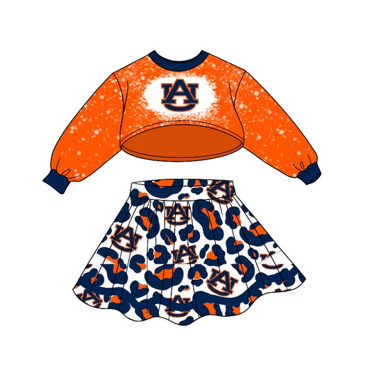 Baby Girls Orange A Long Sleeve Top Leopard Skirts Sets preorder(moq 5)