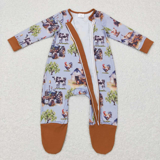 Baby Kids Farm Blue Zip Footie Fall Rompers