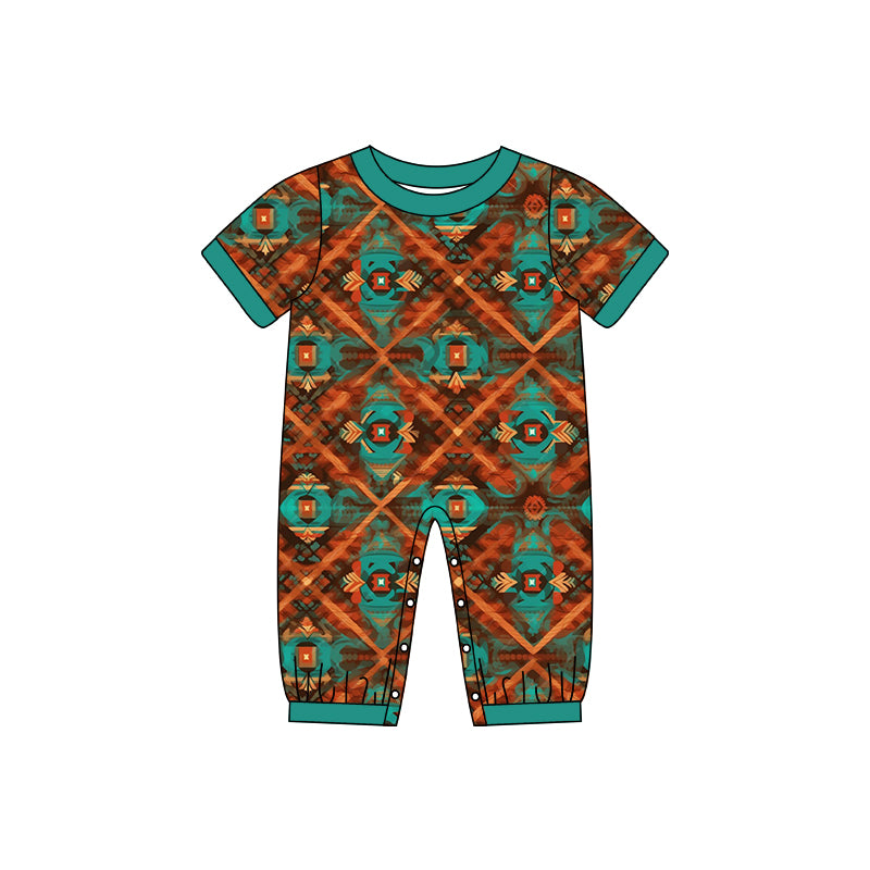 Baby Infant Boys Western Brown Aztec Short Sleeve Rompers preorder(moq 5)