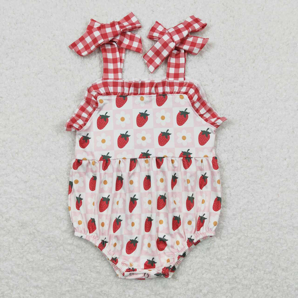 Baby Infant Girls Strawberry Red Checkered Straps Summer Rompers