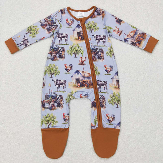 Baby Kids Farm Blue Zip Footie Fall Rompers