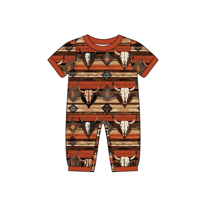 Baby Infant Boys Western Brown Aztec Cow Short Sleeve Rompers preorder(moq 5)