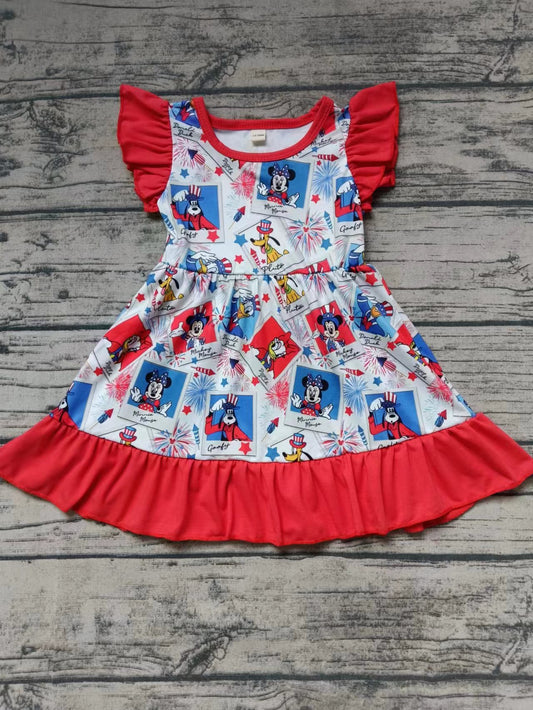 Baby Girls Red 4th Of July Cartoon Mouse Knee Length Dresses preorder(moq 5)