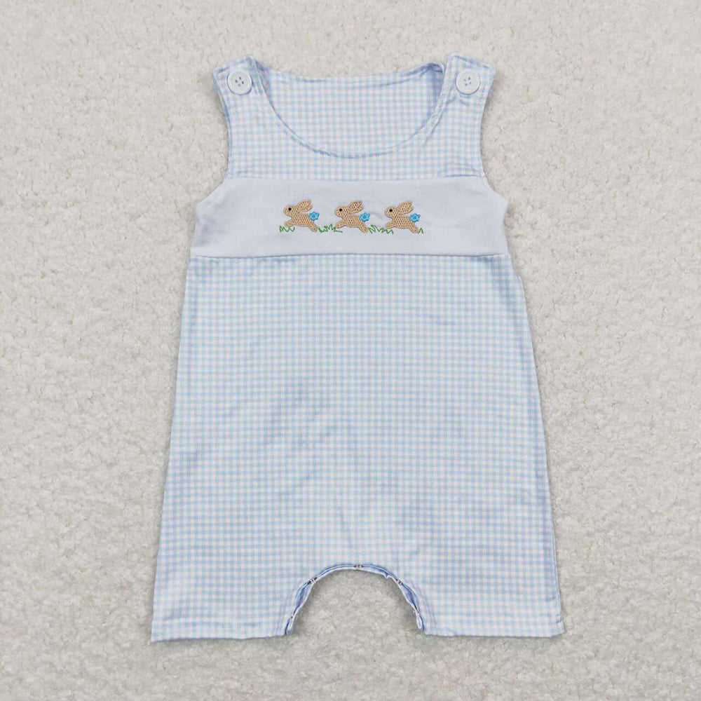 Baby Infant Boys Easter Blue Checkered Rabbits Sleeveless Rompers