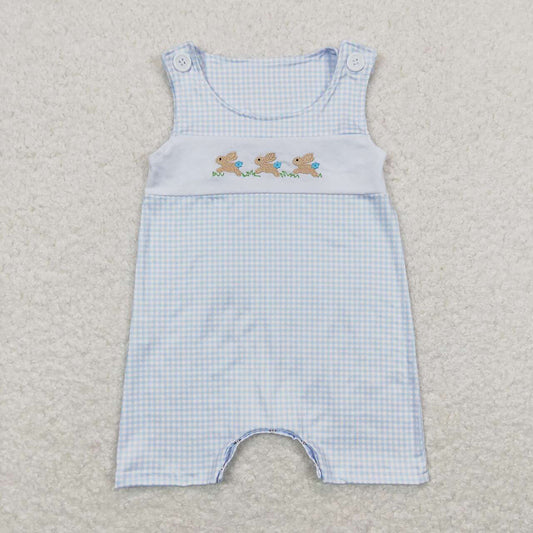 Baby Infant Boys Easter Blue Checkered Rabbits Sleeveless Rompers