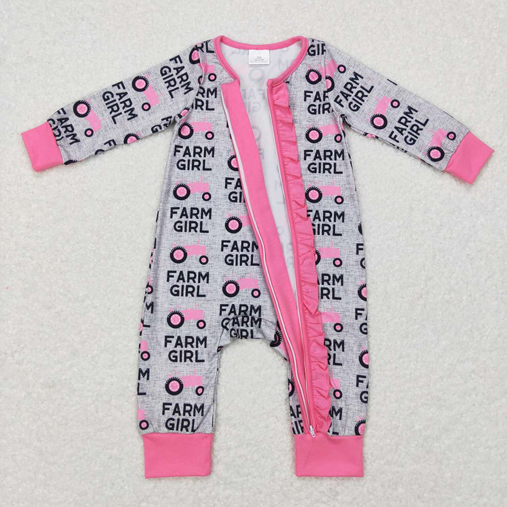 Baby Farm Girl Tractor Zip Long Sleeve Rompers