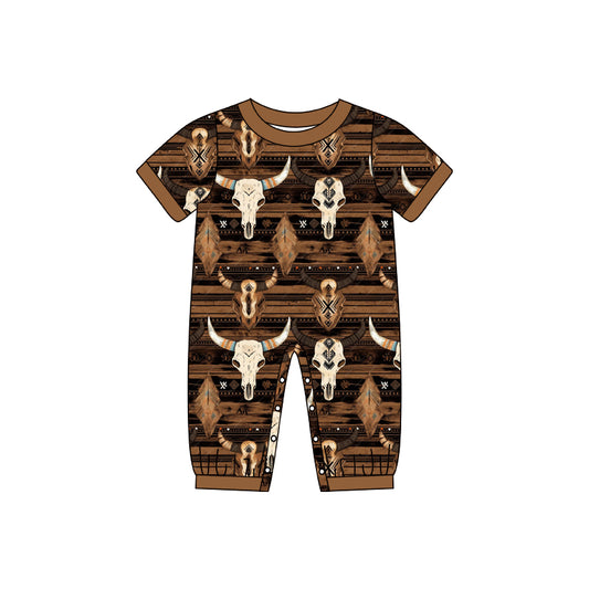 Baby Infant Boys Western Brown Cow Skull Short Sleeve Rompers preorder(moq 5)