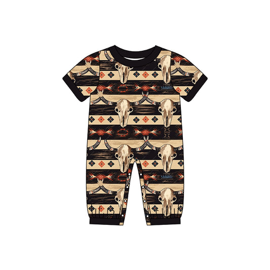 Baby Infant Boys Western Brown Aztec Cow Skull Short Sleeve Rompers preorder(moq 5)