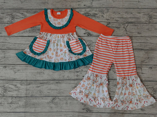 Baby Girls Fall Orange Ruffle Pumpkun Pocket Tunic Bell Bottom Pants Clothes Sets