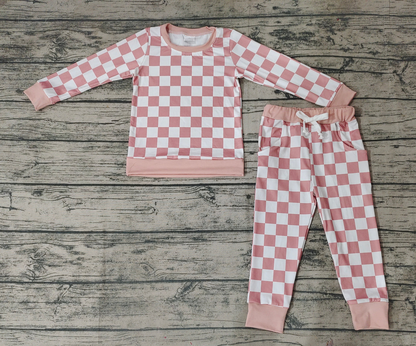 Checkered Baby Kids Light Brown Color Shirt Pants Pajamas Clothes Sets