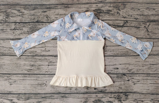 Baby Girls Cow Flowers Long Sleeve Pullover Ruffle Tee Shirt Tops