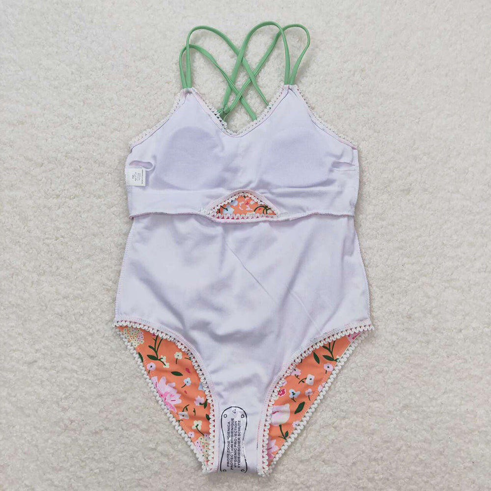 Baby Girls Orange Flowers Ruffle One Piece Swimsuits