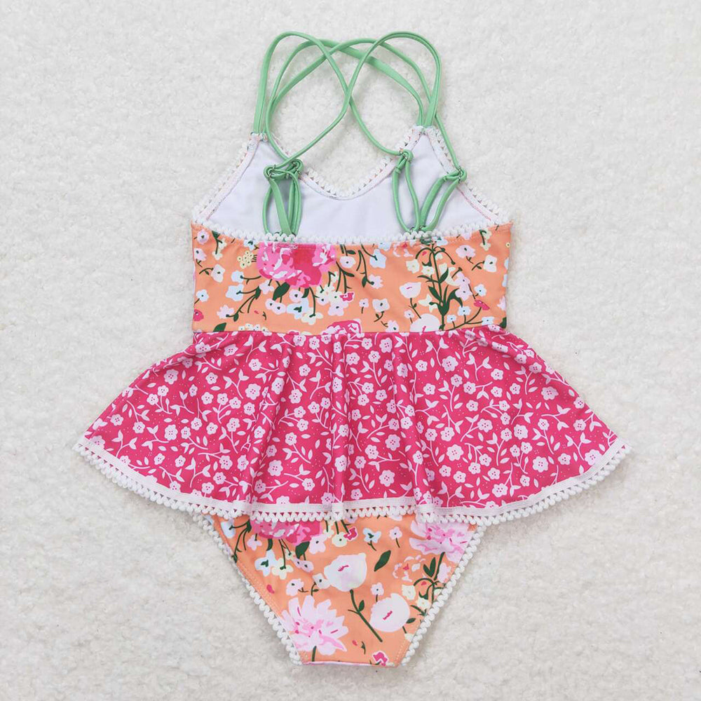 Baby Girls Orange Flowers Ruffle One Piece Swimsuits