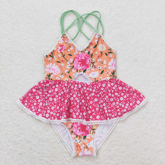 Baby Girls Orange Flowers Ruffle One Piece Swimsuits