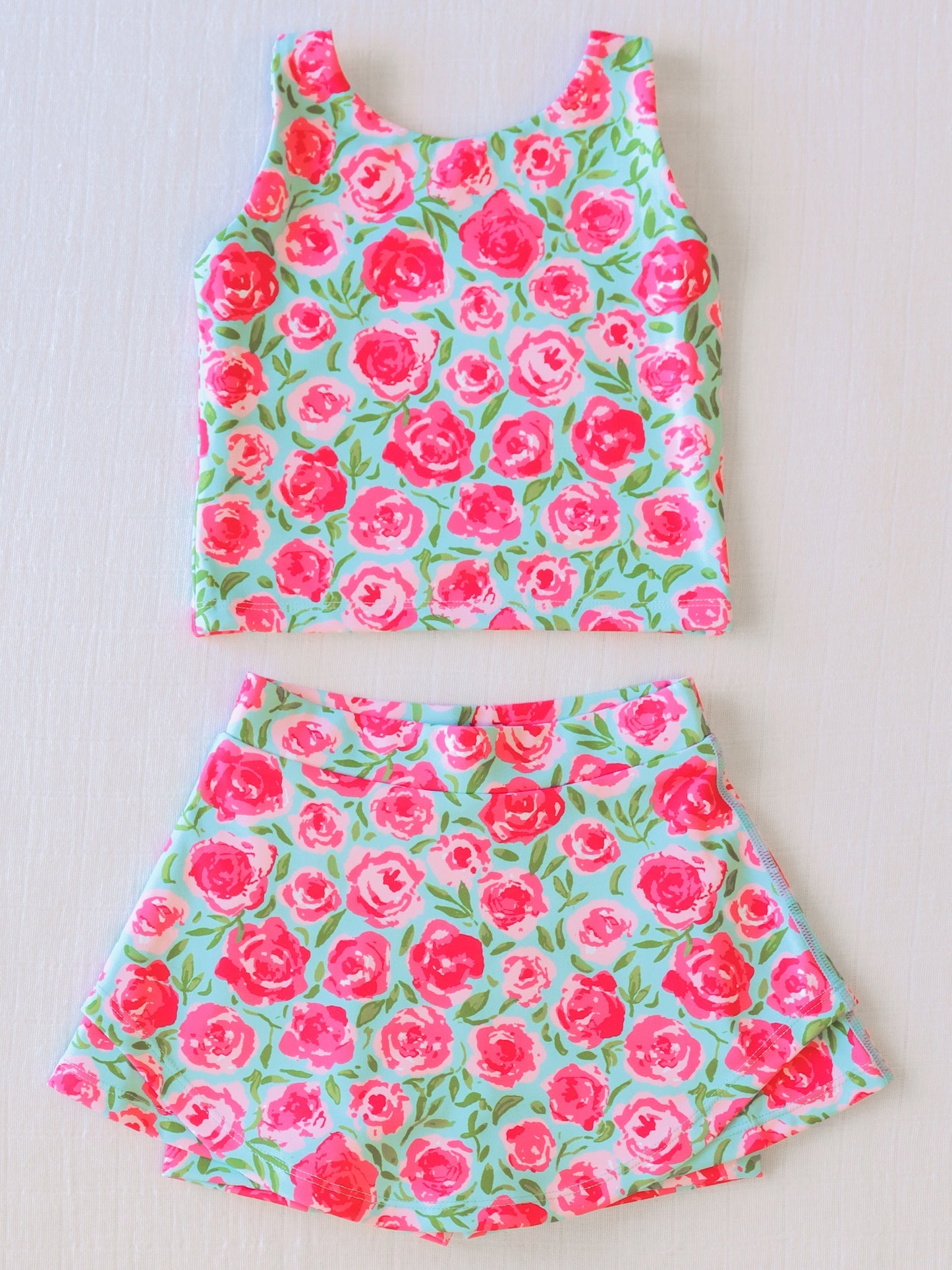 Baby Girls Red Rose Sleeveless Top Short Skirts 2pcs Swimsuits Preorder (moq 5)