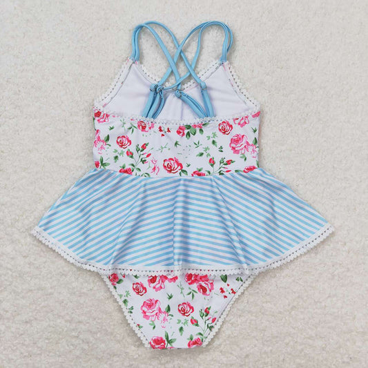 Baby Girls White Pink Flowers Ruffle One Piece Swimsuits