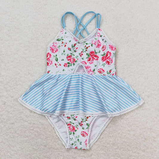 Baby Girls White Pink Flowers Ruffle One Piece Swimsuits