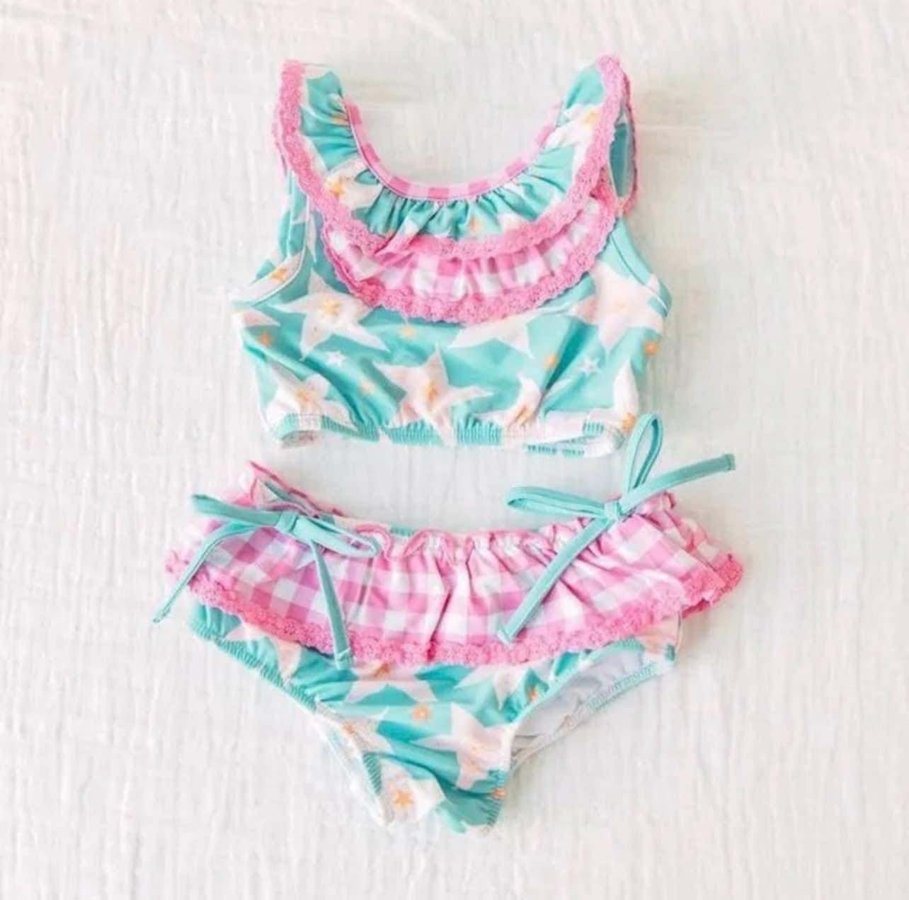Baby Girls Pink Green Stars Top Bummie 2pcs Swimsuits Preorder (moq 5)