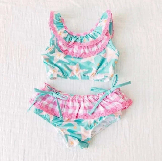 Baby Girls Pink Green Stars Top Bummie 2pcs Swimsuits Preorder (moq 5)