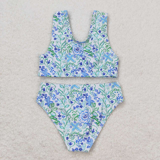 Baby Girls Summer Blue Flowers Ruffle Top Bummie Swimsuits