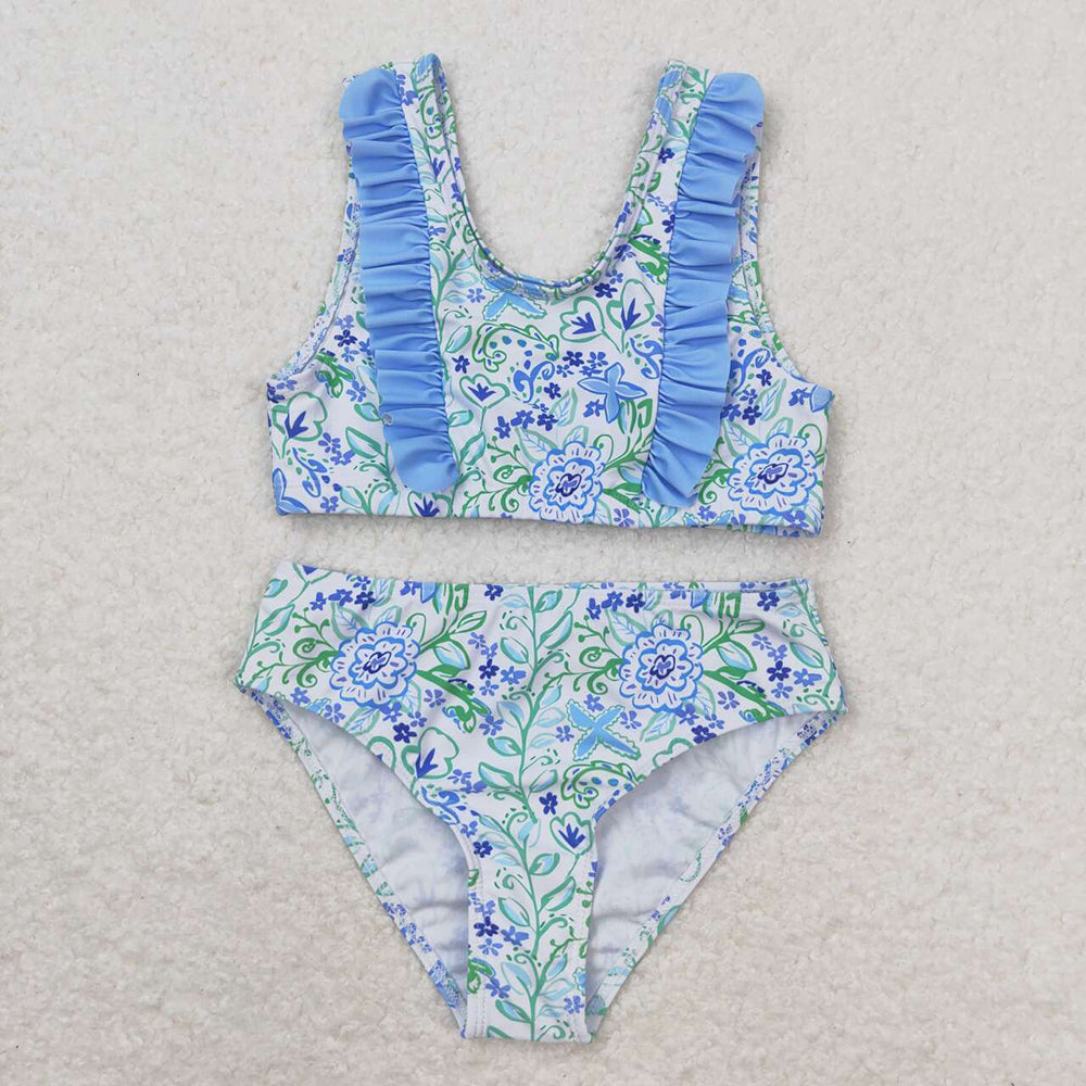 Baby Girls Summer Blue Flowers Ruffle Top Bummie Swimsuits