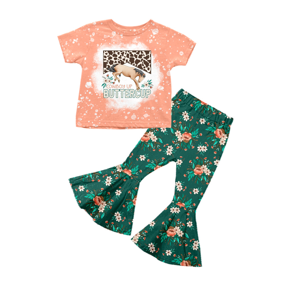 Baby Girls Horse Flowers Western Top Bell Pants Clothing Sets preorder(moq 5)