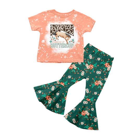 Baby Girls Horse Flowers Western Top Bell Pants Clothing Sets preorder(moq 5)