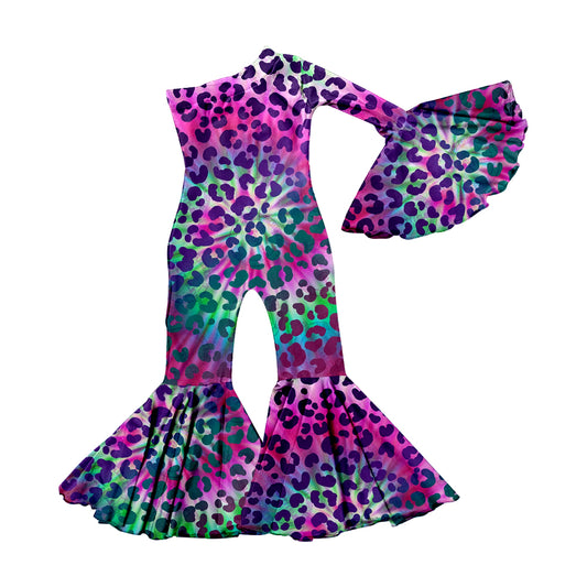 Baby Girls Western Long Sleeve One Shoulder Purple Leopard Bell Pants Jumpsuits preorder(moq 5)