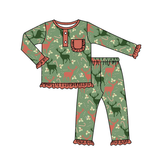 Baby Girls Christmas Deer Candy Cane Top Pants Pajamas Clothing Sets preorder(moq 5)